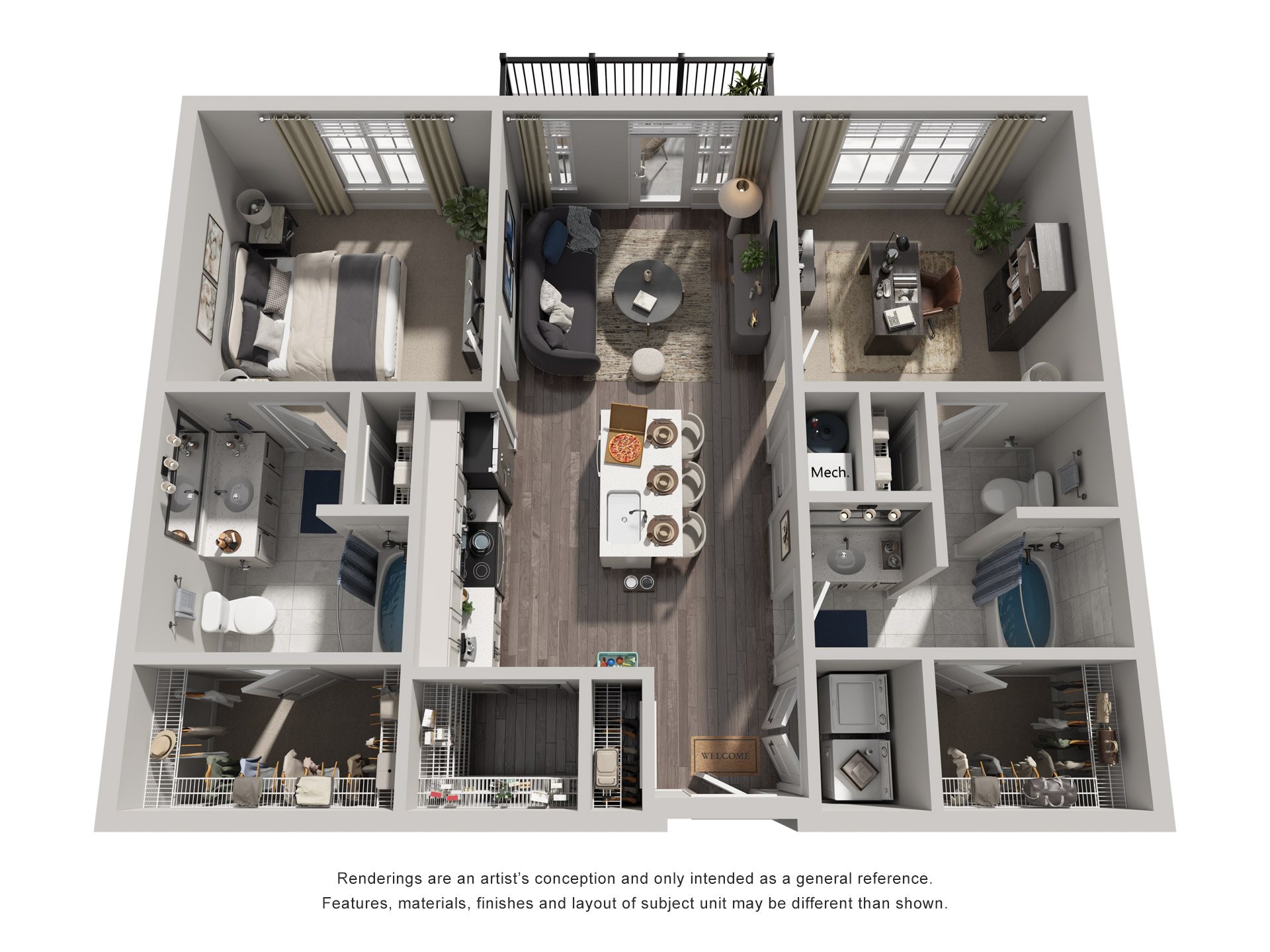 Floor plan for 2 beds, 2 baths, 1163 sqft